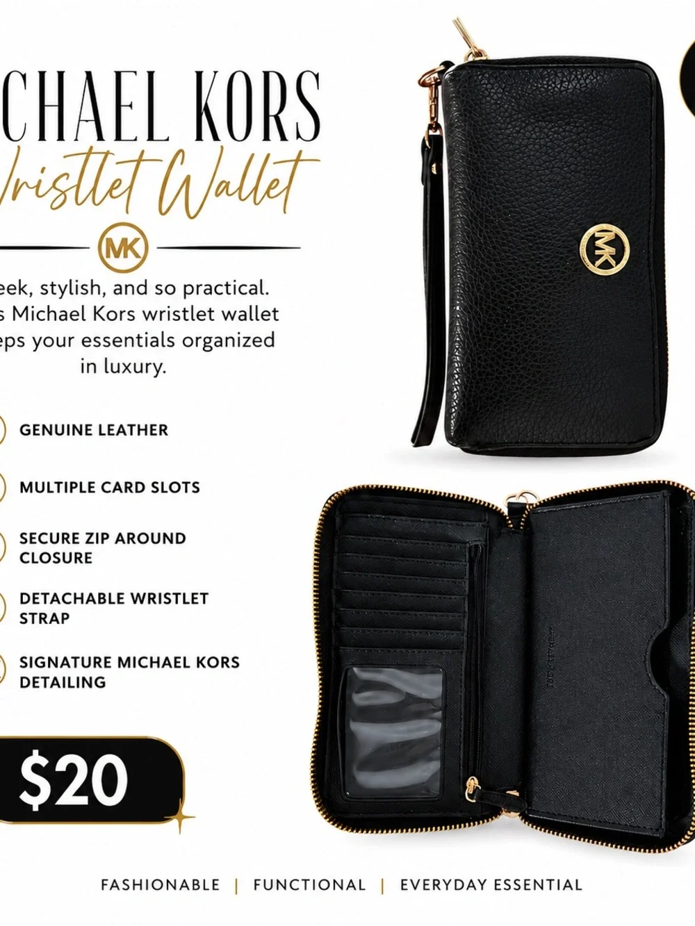 Michael Kors Black Wristlet Wallet with Gold Hardware